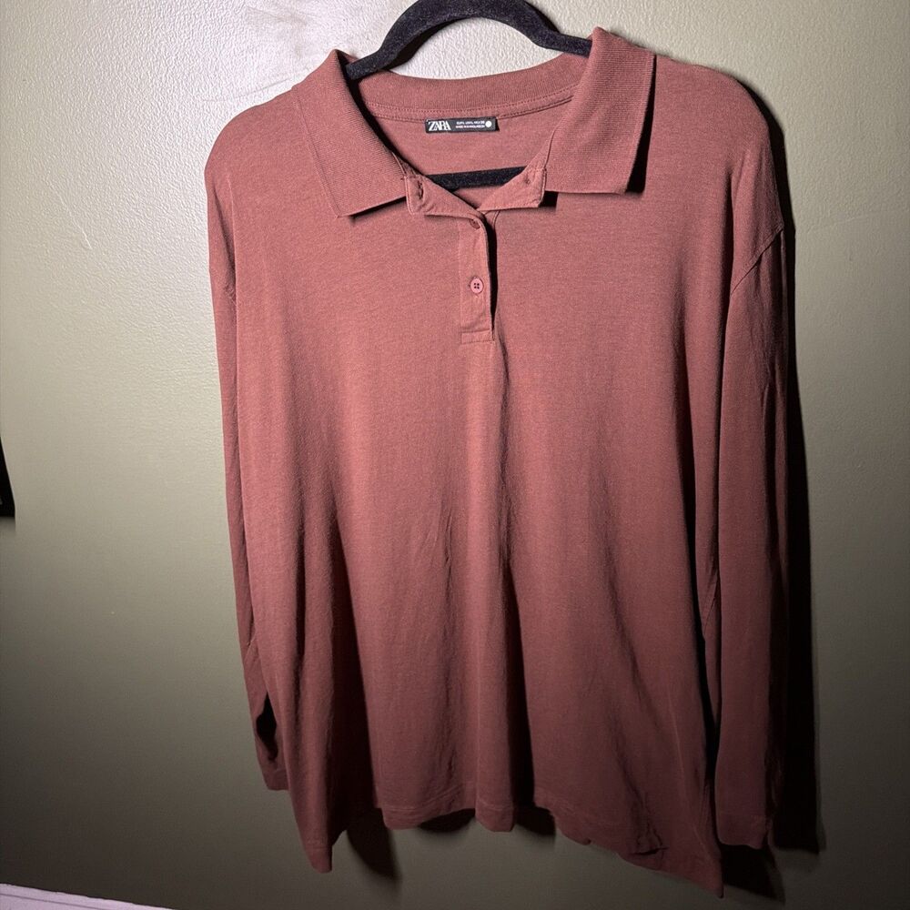 ZARA Long Sleeve Johnny Collar Polo Shirt Mens Large Brown